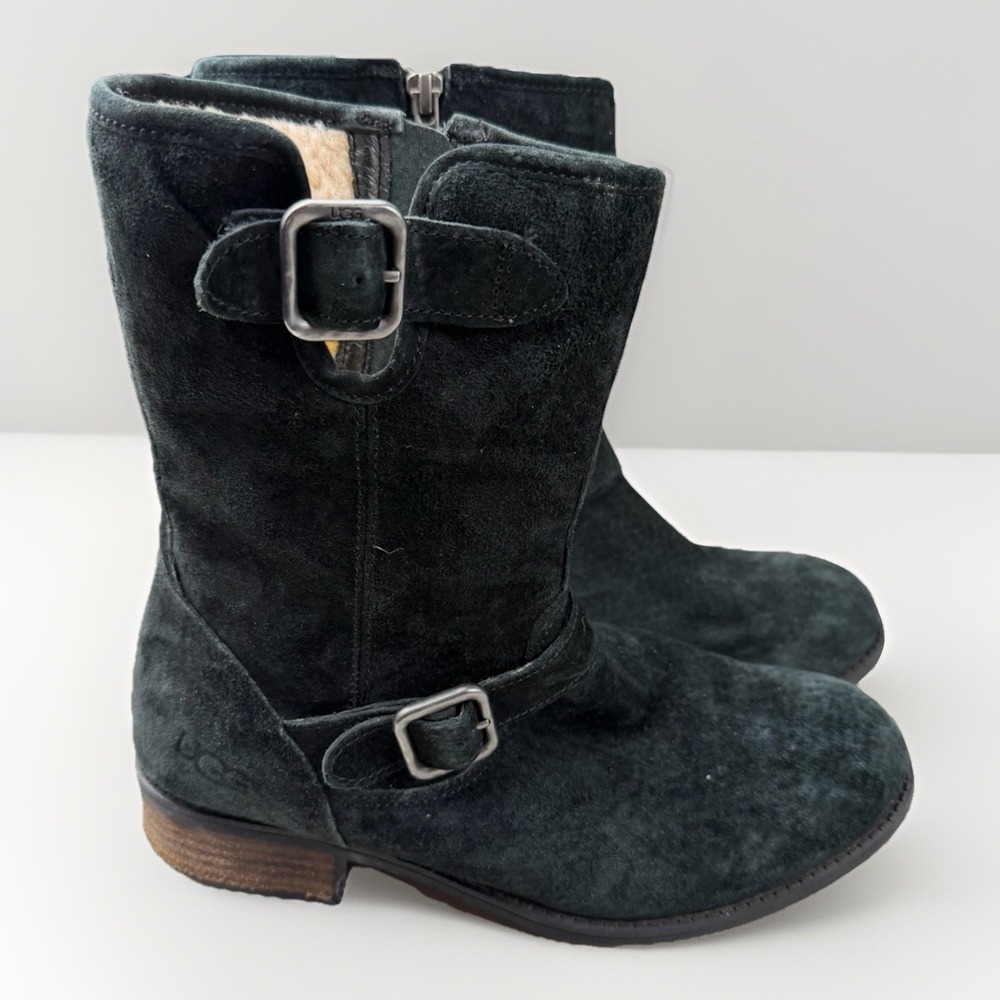 UGG Simmens Black Suede Biker Boots Womens 8 Waterproof‎ Buckle Zip 1006042